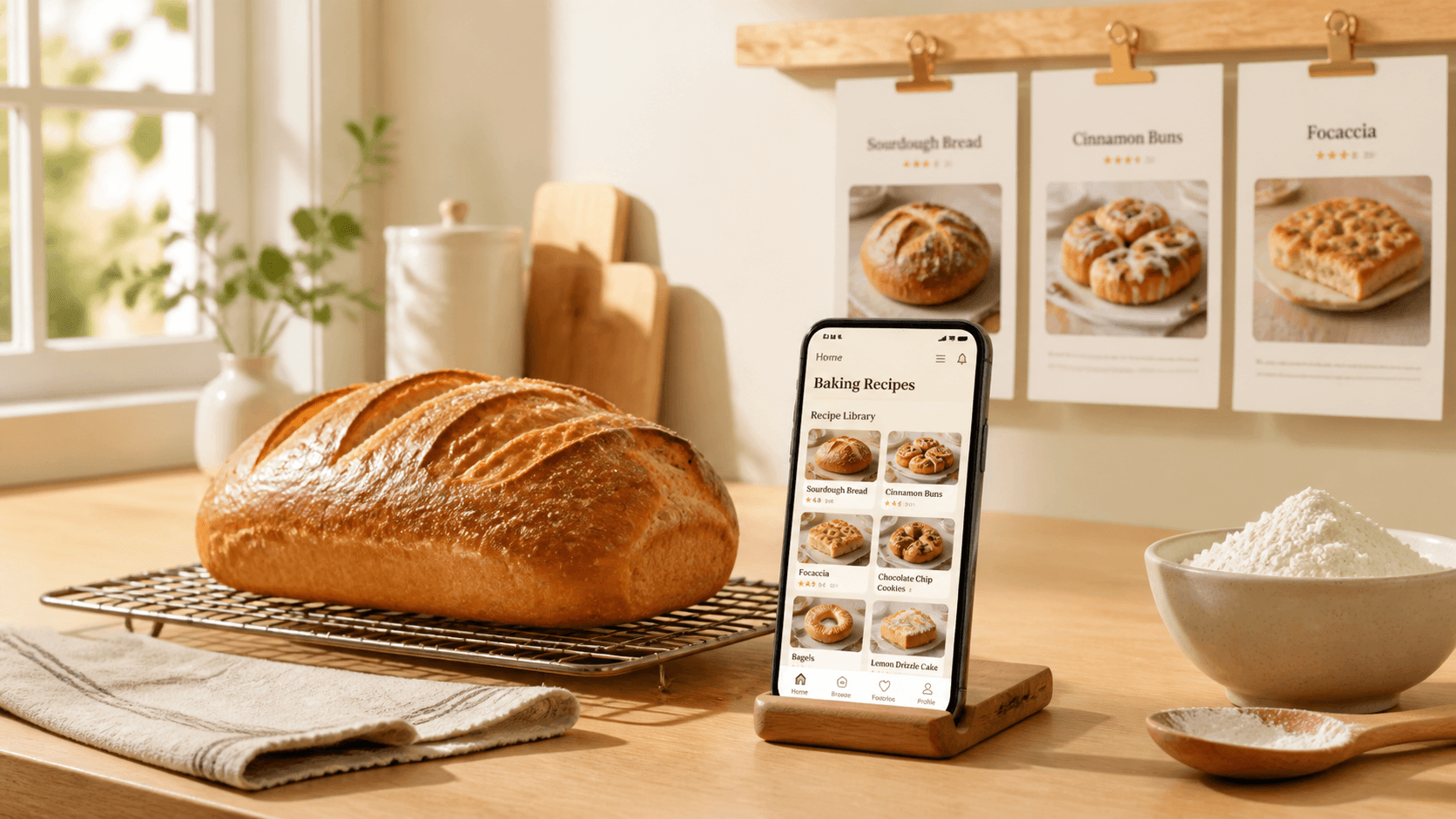 Fresh bread on a kitchen counter with Bakewell on a phone and printed recipe cards