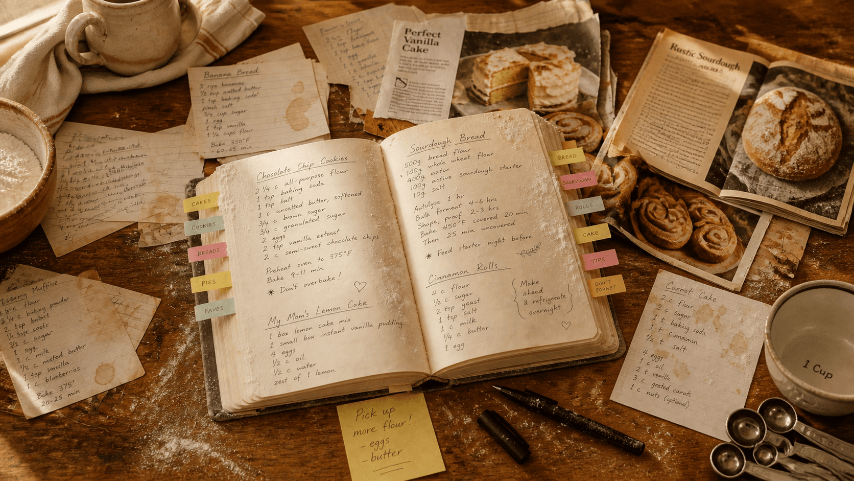 Messy recipe scrapbook and scattered baking notes