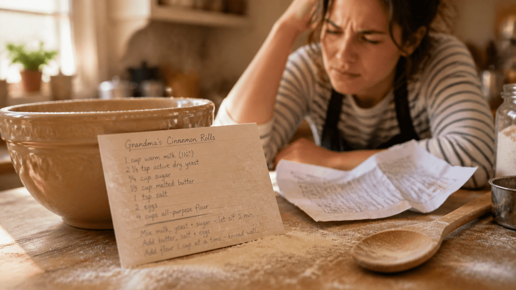 Baker overwhelmed by recipe chaos on phone and counter